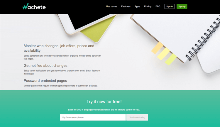 A screenshot of Wachete's homepage.
