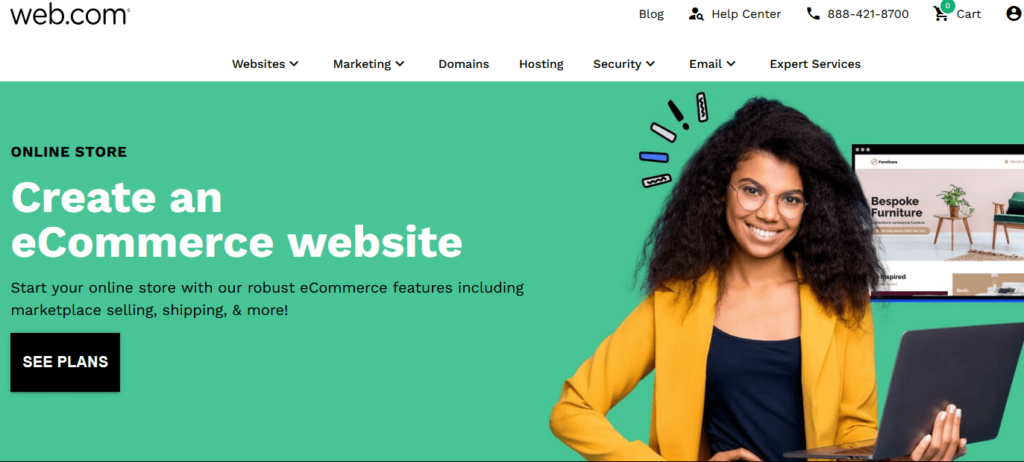 Web.com main page for ecommerce site builder plans