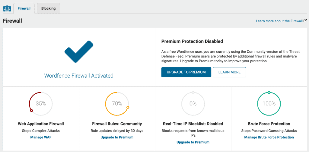 Wordfence firewall dashboard