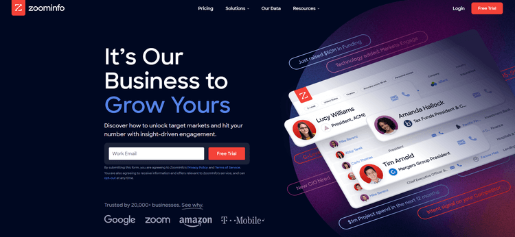 A screenshot of ZoomInfo's homepage.