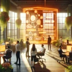 a photorealistic office atmosphere with large windows, bright and positive morning vibes, and an ecological setting