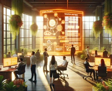 a photorealistic office atmosphere with large windows, bright and positive morning vibes, and an ecological setting