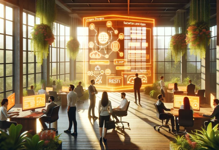 a photorealistic office atmosphere with large windows, bright and positive morning vibes, and an ecological setting